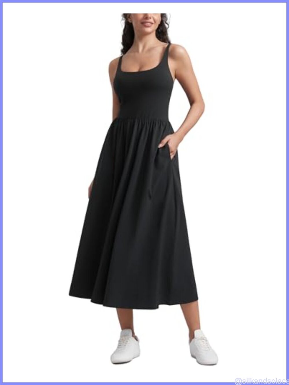 Square Neck Maxi Dress Sleeveless with Pockets Built-in Bra A-line
